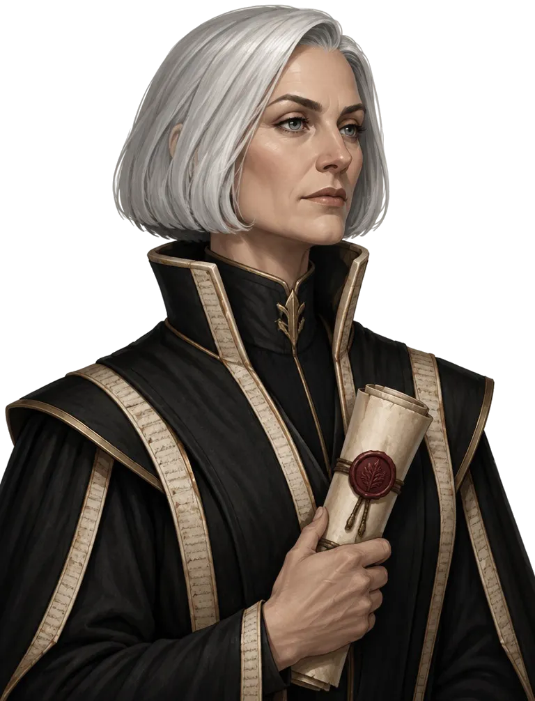 Warden Agatha Thorne-Vell, perempuan berambut perak memeluk gulungan bersegel